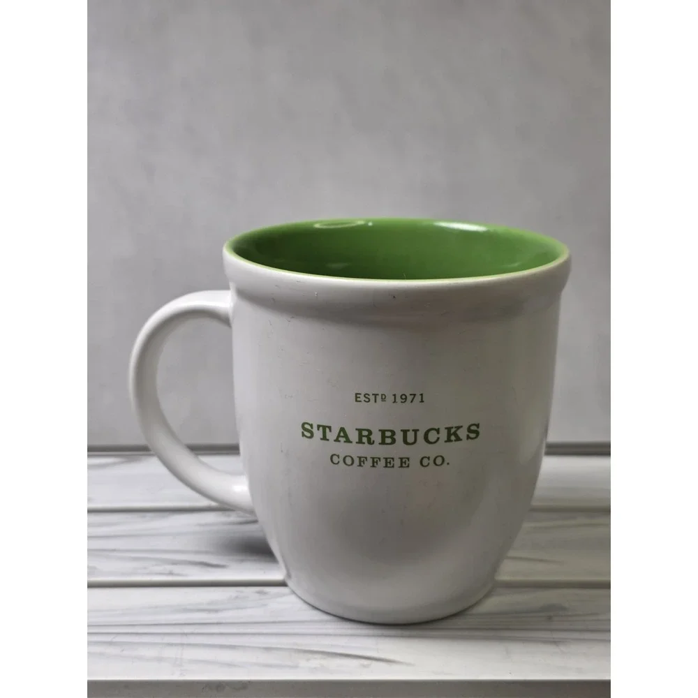 Starbucks Abbey Coffee Mug White Green Interior ESTD 1971 18oz 2007